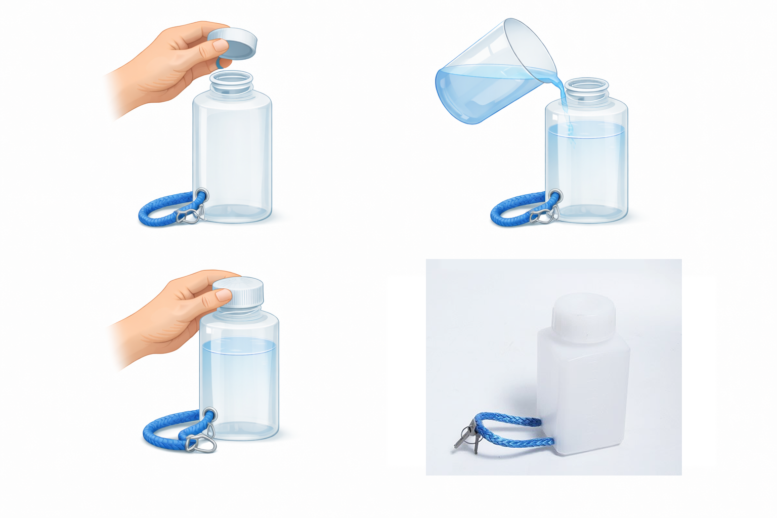 給水器の準備手順。フタを開ける→水を入れる→フタを閉める→紐を整えるの流れ