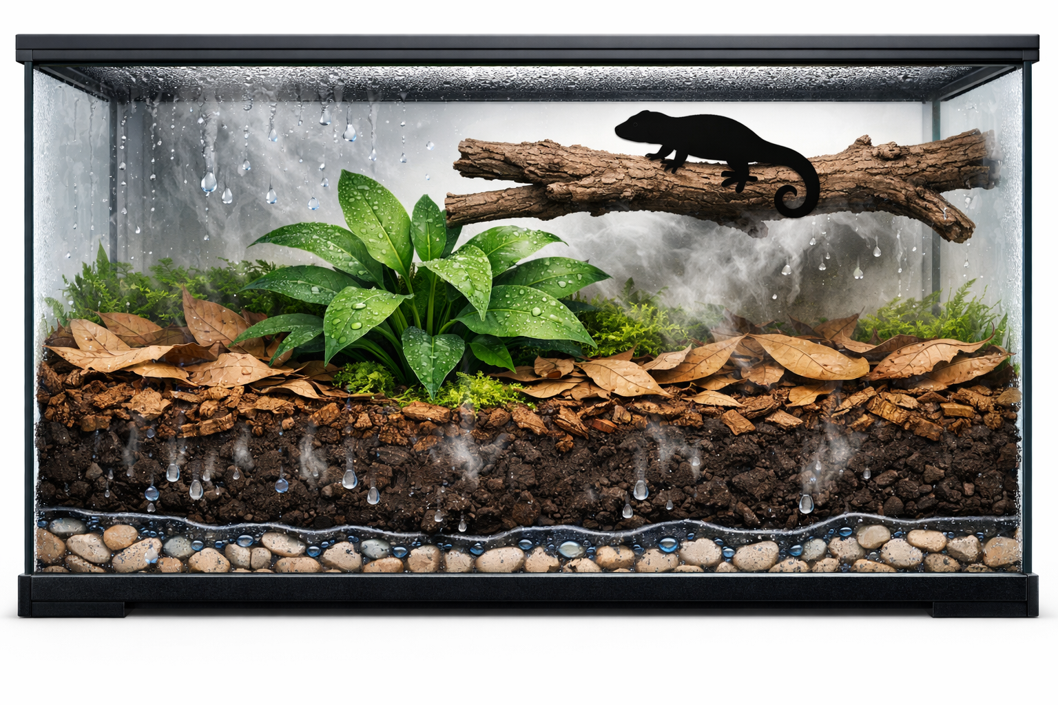 樹上性テラリウムの床面レイヤー断面図（排水層・ソイル・フォレストフロア・落ち葉の構成イメージ）