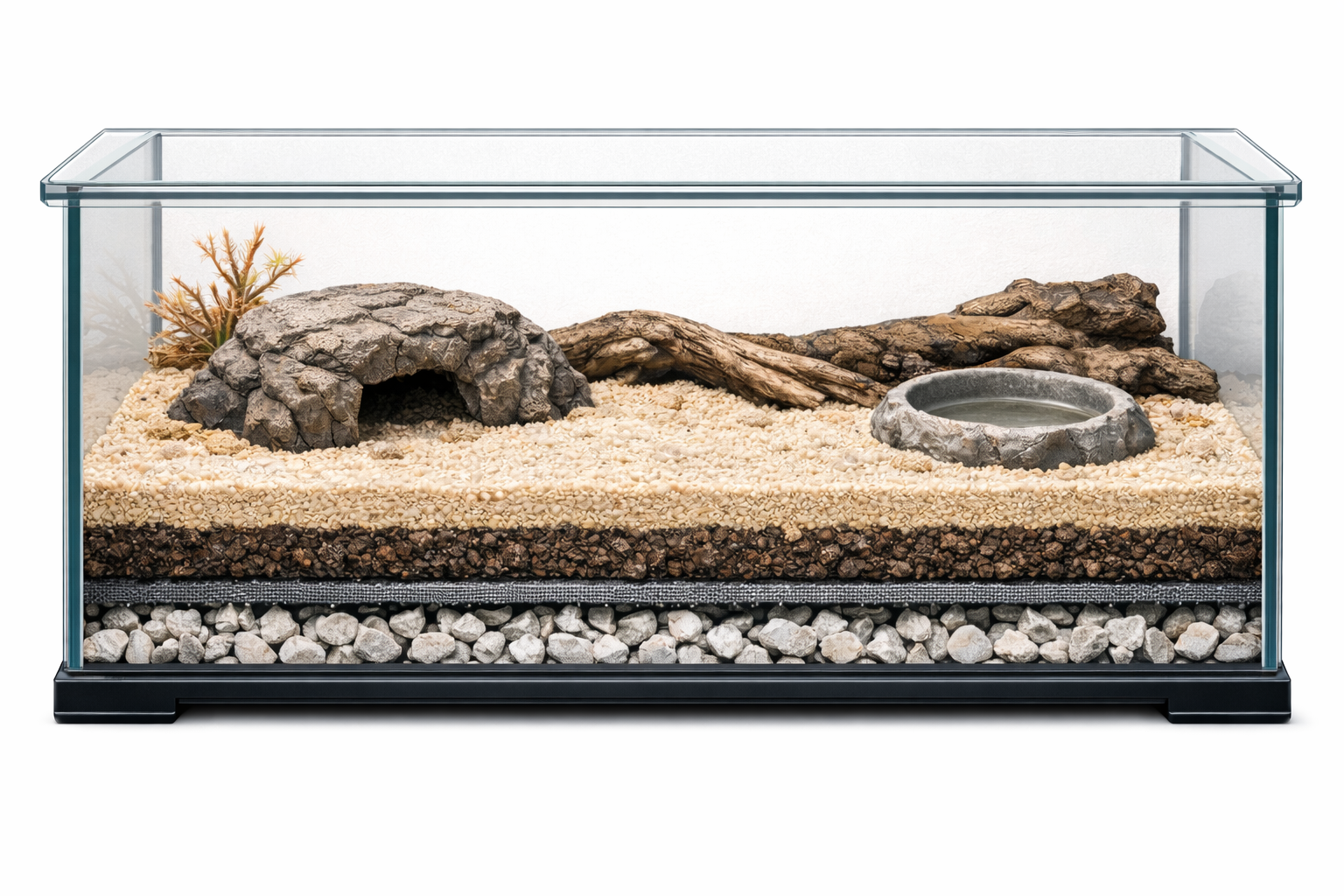 乾燥系テラリウムの床材断面イメージ（排水材・仕切り・ソイル混合層・表層の砂）