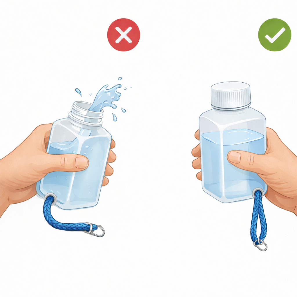 給水器の扱いのOK/NG例。NGは水がこぼれる状態、OKはフタを閉めて安定している状態