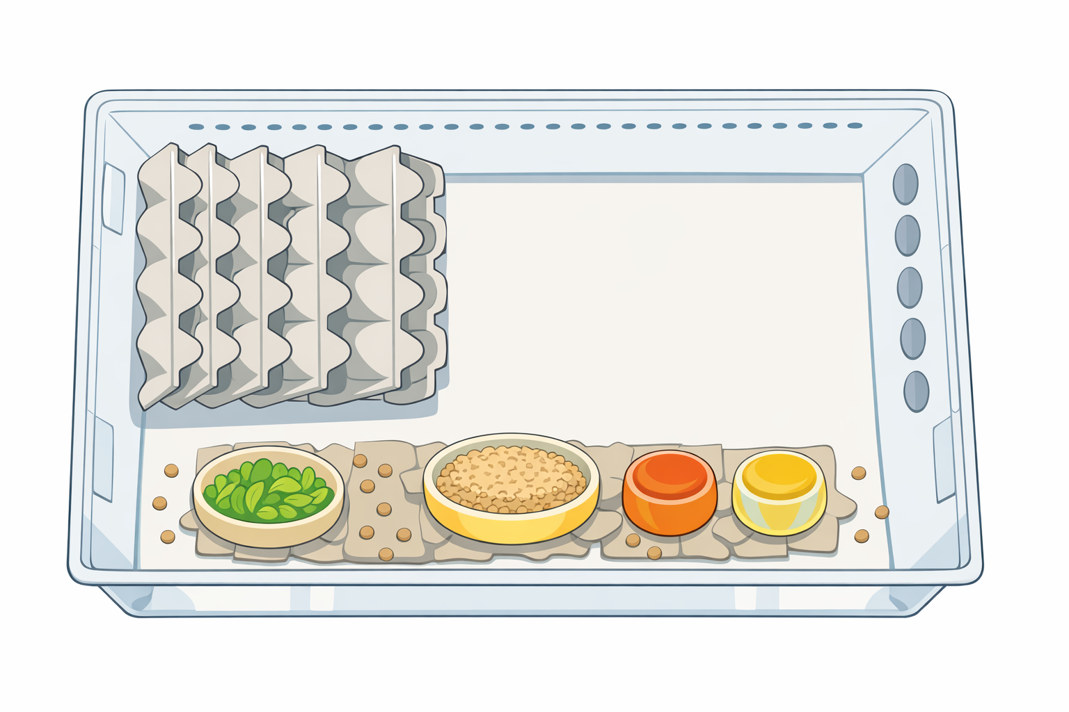 コオロギストックケースのレイアウト図（上から見た図：壁側に縦置き卵パック、手前にエサ場ゾーン、換気穴の位置）