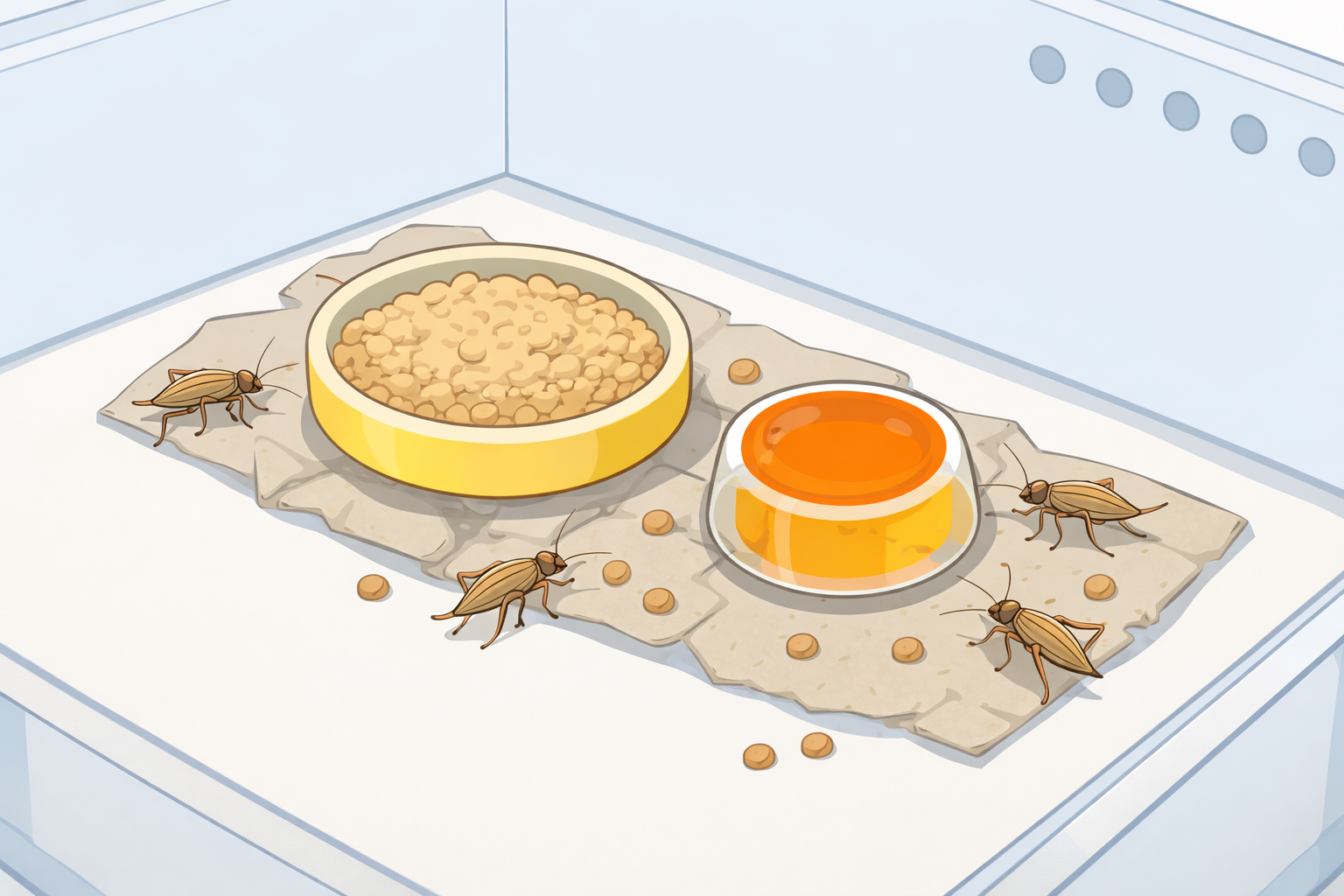 卵パック片を下敷きにして餌皿とゼリー容器を置いている図（周りにコオロギがいる）