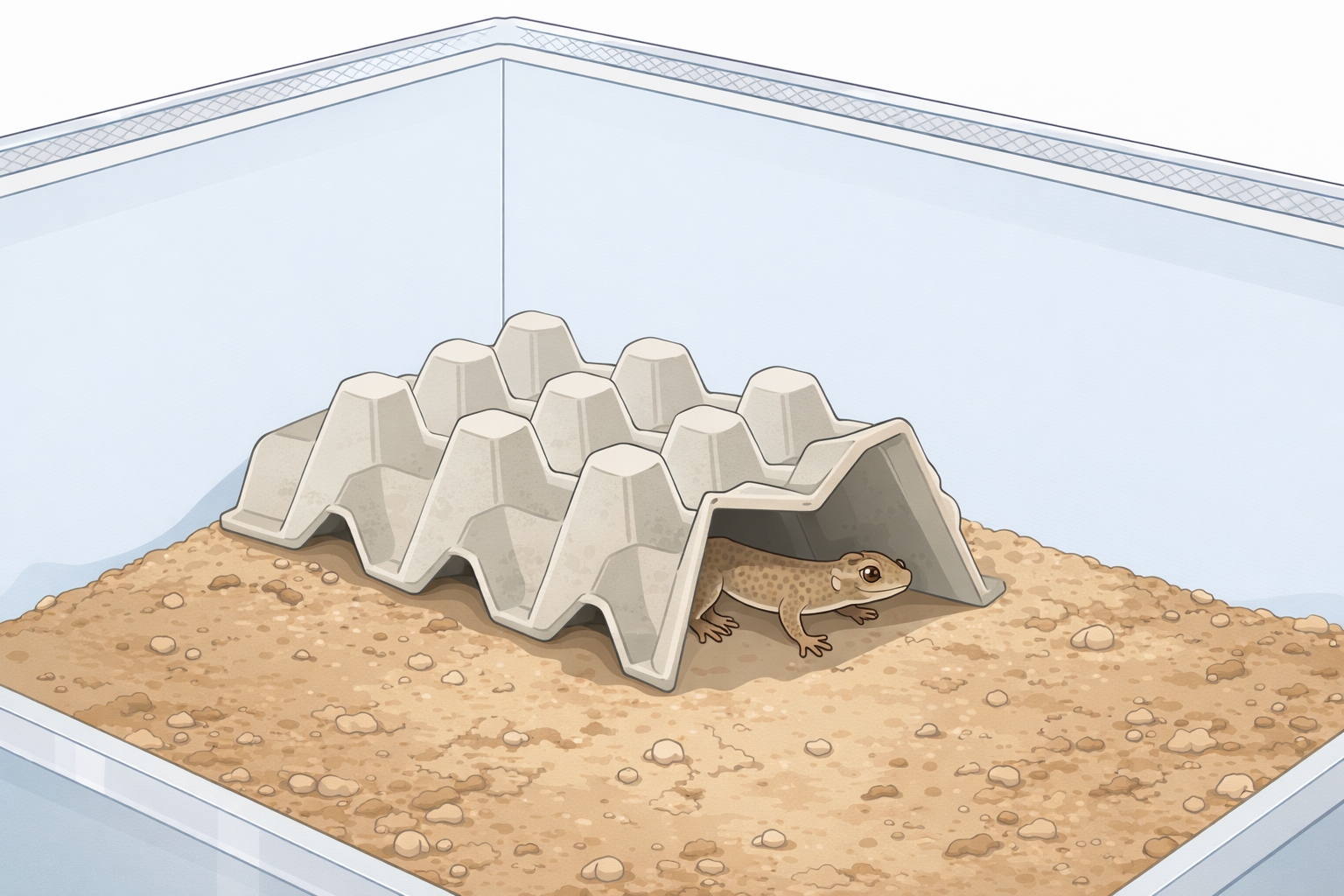 乾いた床材のケージで卵パックの下に隠れる小型爬虫類の簡易シェルター例