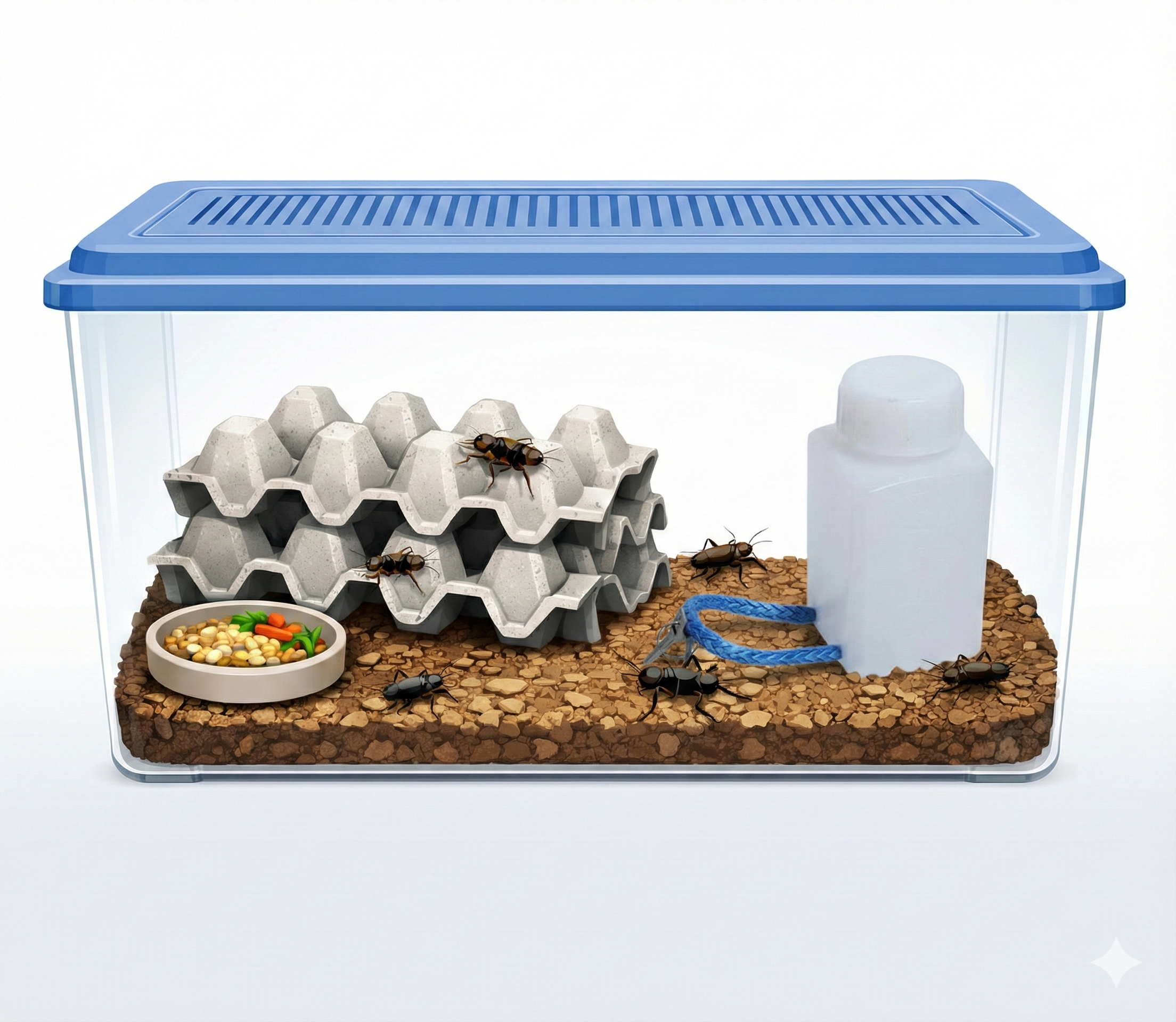 コオロギ飼育ケース内のレイアウト例。隠れ家・餌皿・給水器を分けて配置したイメージ