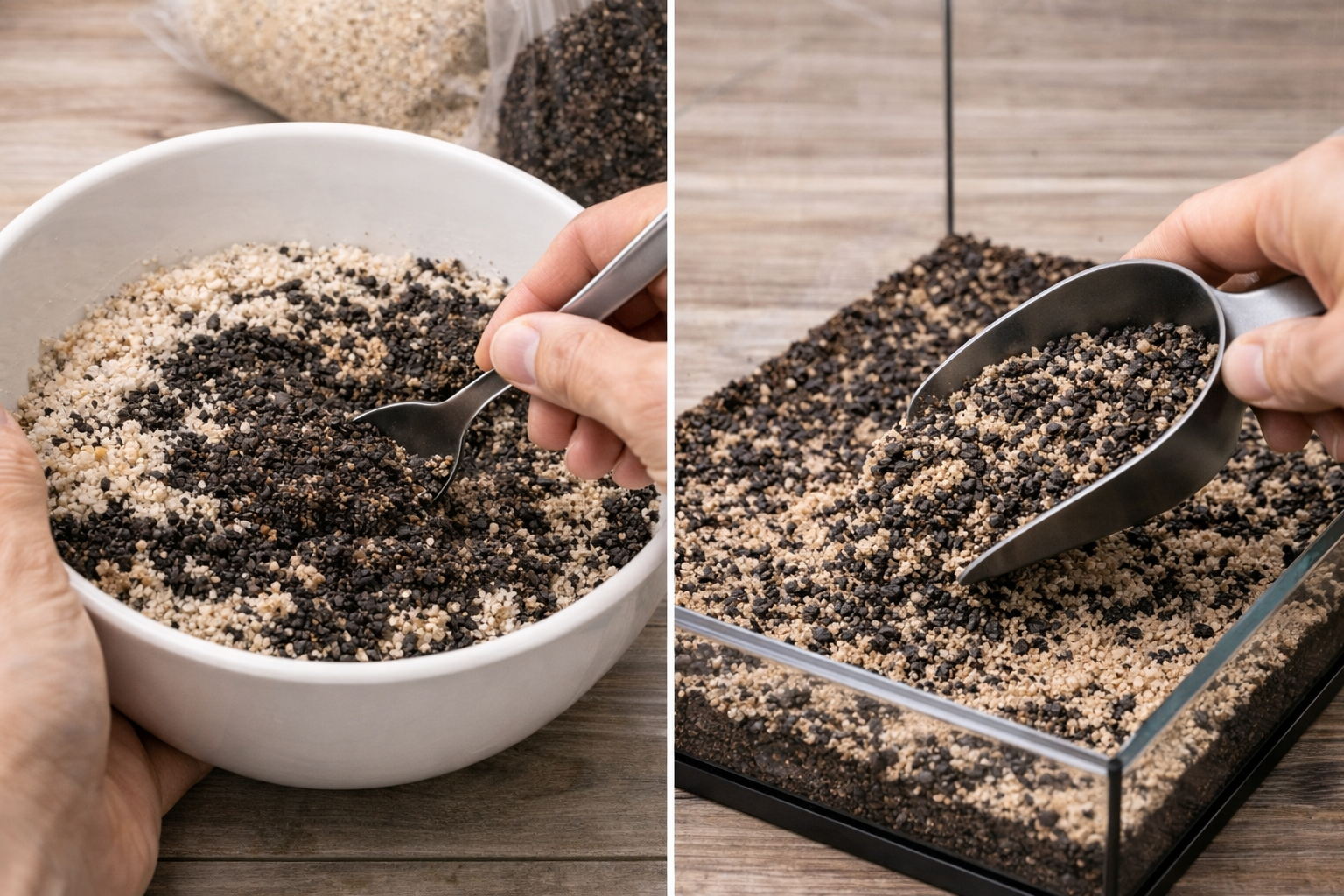 砂とソイルを混ぜる手順イメージ（ボウルで混ぜてケージに敷く）