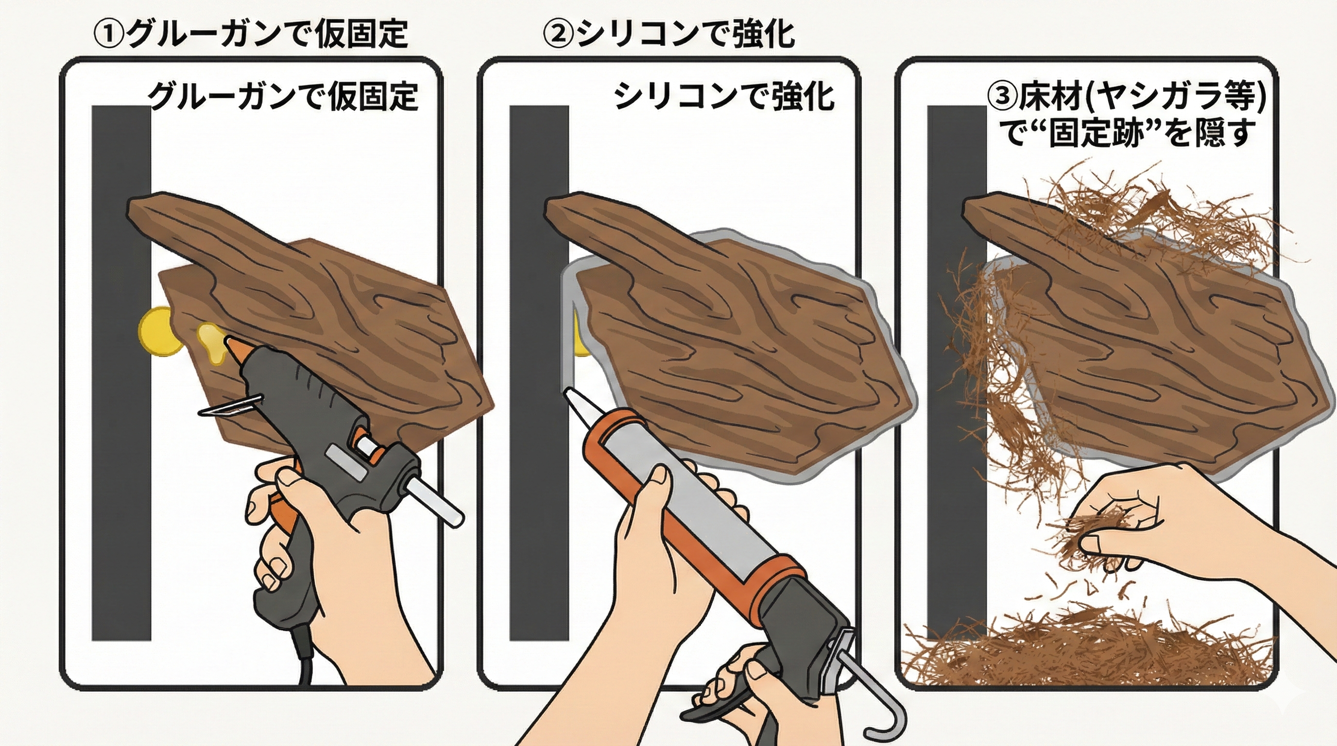 流木固定の考え方(グルー→シリコン→床材で隠す)