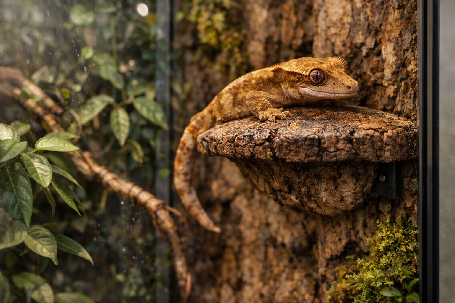 ガラステラリウムの壁面に設置されたマッシュルームレッジで休むヤモリ