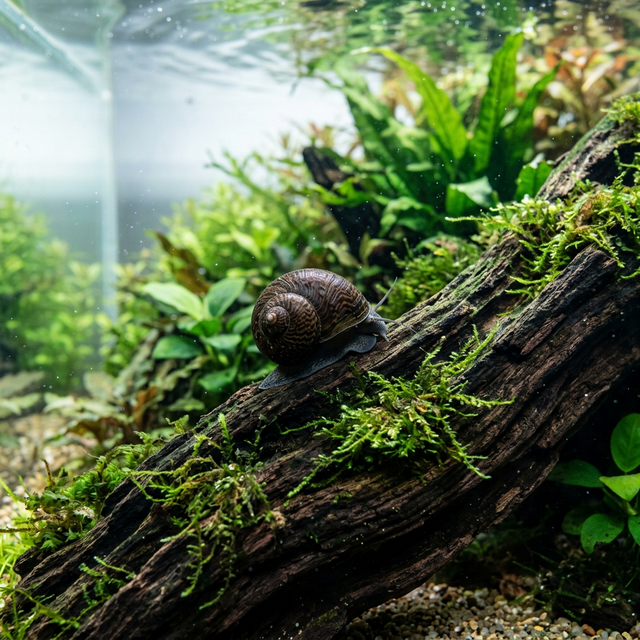 安定した水槽環境と流木上の石巻貝